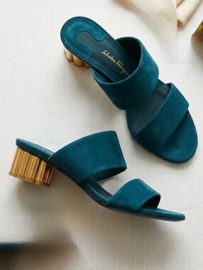 Salvatore Ferragamo Teal Suede Mule Sandal Gold Fluted Block Heel Size 6.5